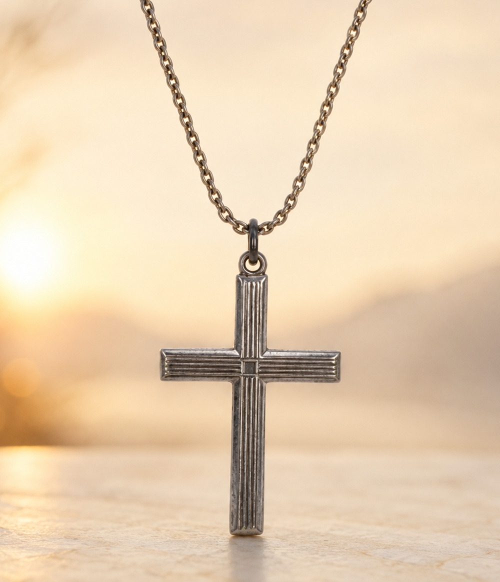 Vintage Sterling Silver Cross Pendant Necklace Ribbed Art Deco Style 18" Unisex